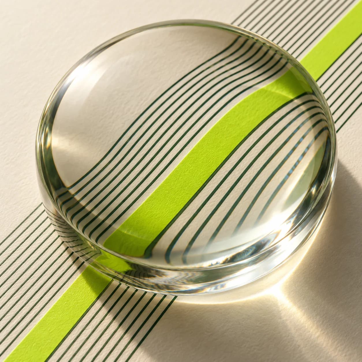 A glass lens reveals the details of a chartreuse line on cream paper.